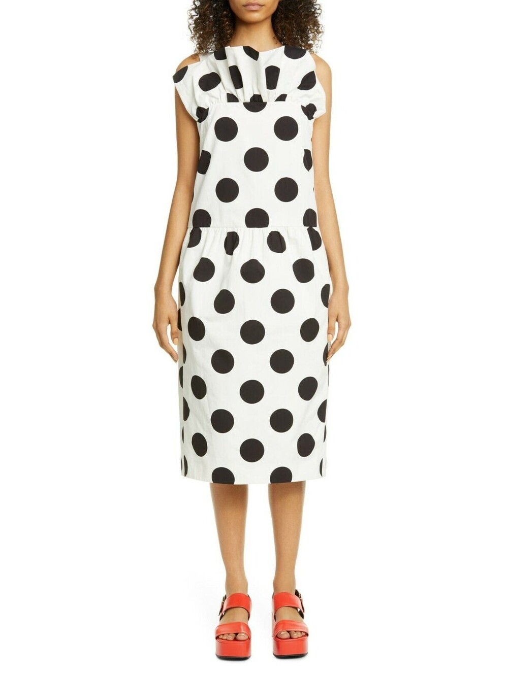 $1250 NEW Dries Van Noten Polka Dot Ruffle Neck Cotton Midi Dress FR 36 / US 2